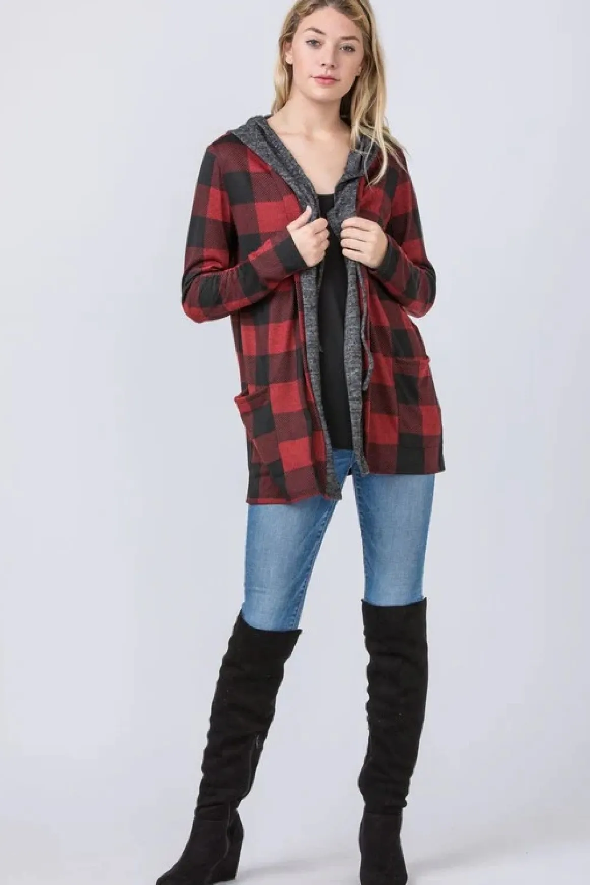 Checker Print Cardigan with Hood *Online Only*