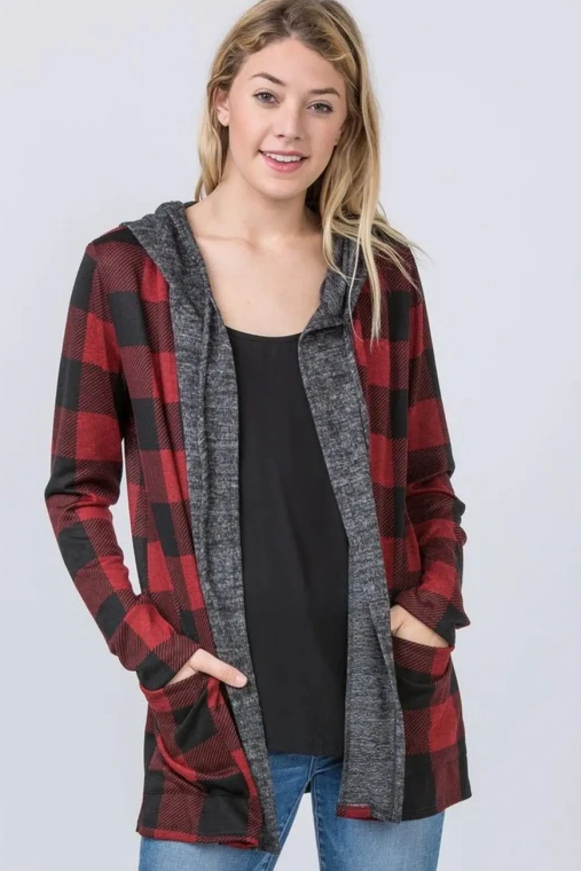 Checker Print Cardigan with Hood *Online Only*
