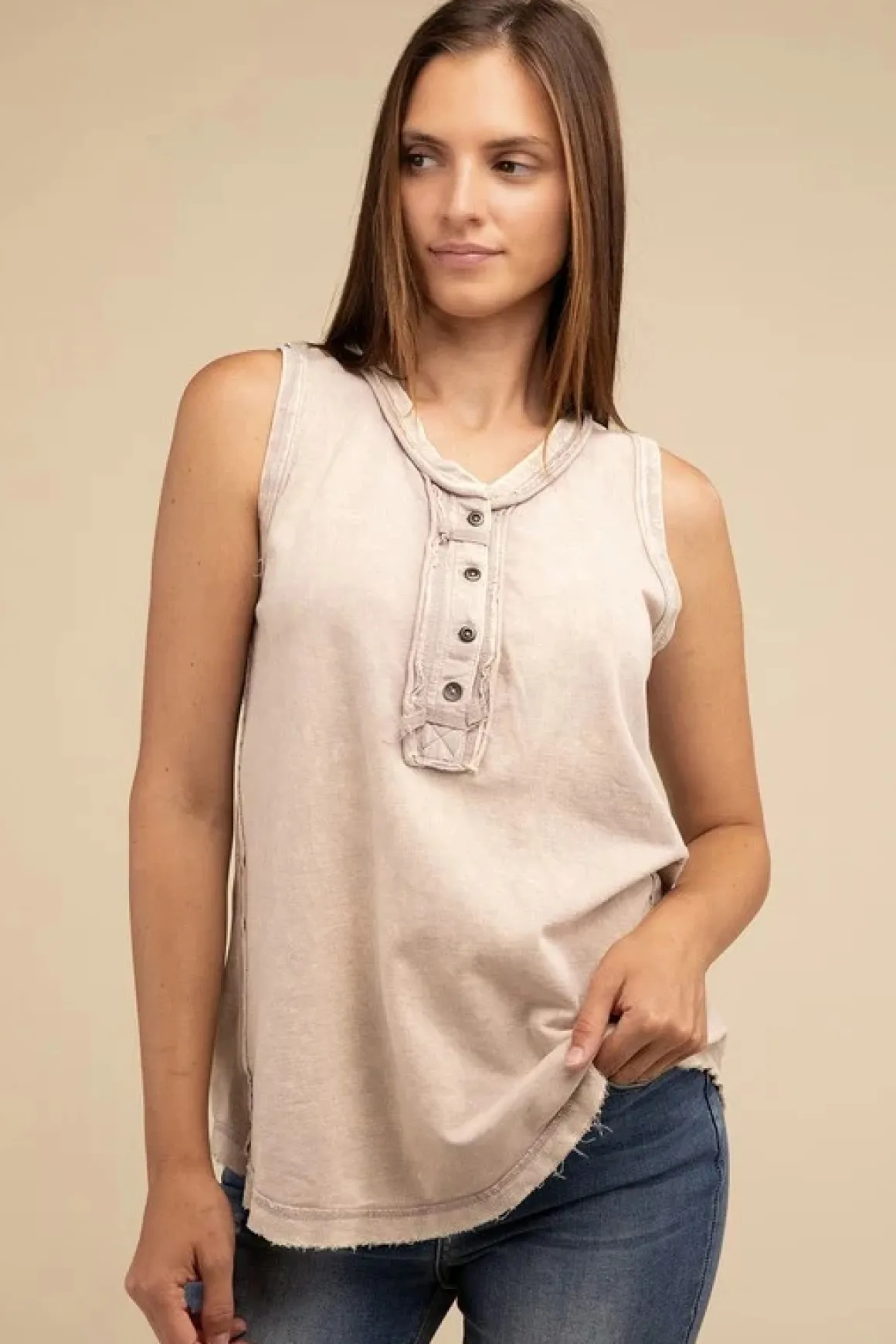 halfbutton_raw_edge_sleev_6.webp Half-Button Raw Edge Sleeveless Henley Top *Online Only*