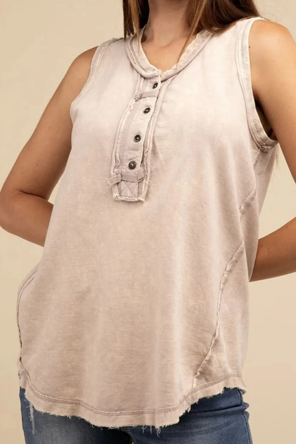 halfbutton_raw_edge_sleev_7.webp Half-Button Raw Edge Sleeveless Henley Top *Online Only*