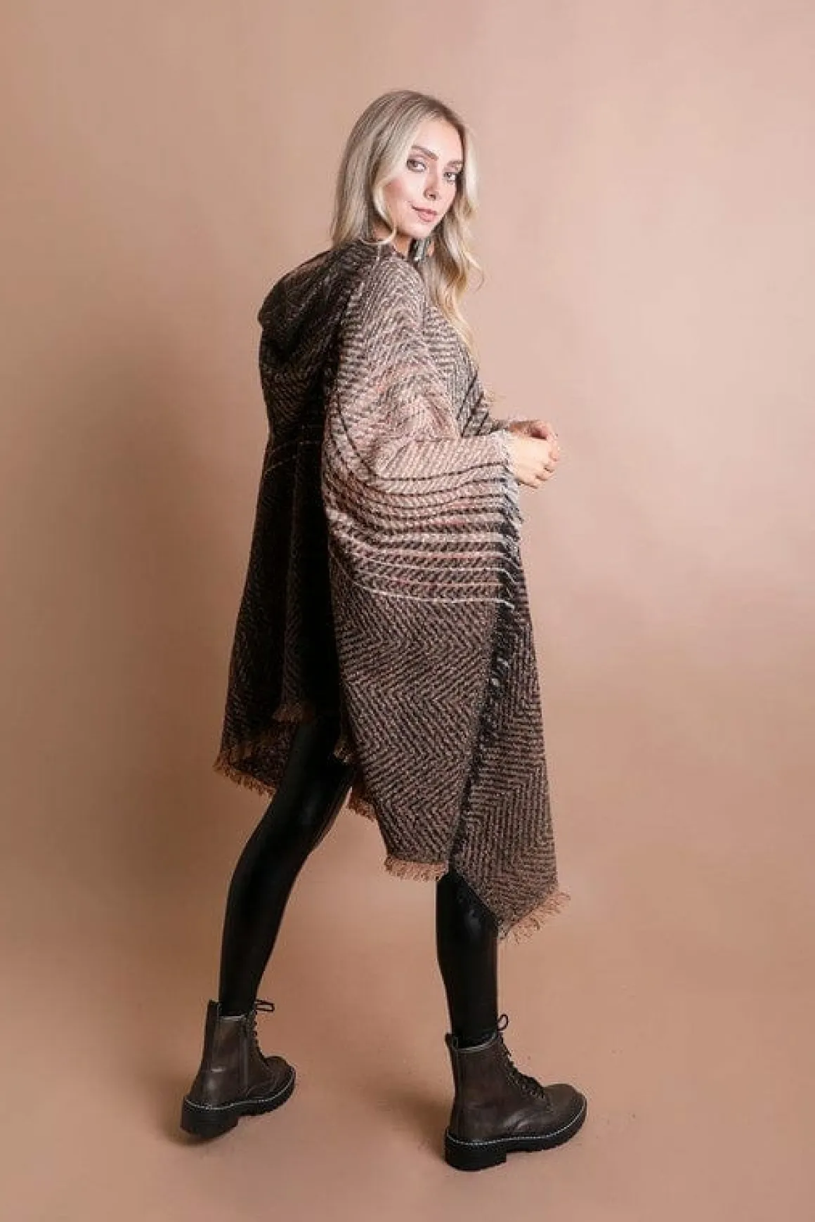 herringbone_tweed_hooded__10.webp Herringbone Tweed Hooded Frayed Edge Poncho *Online Only*