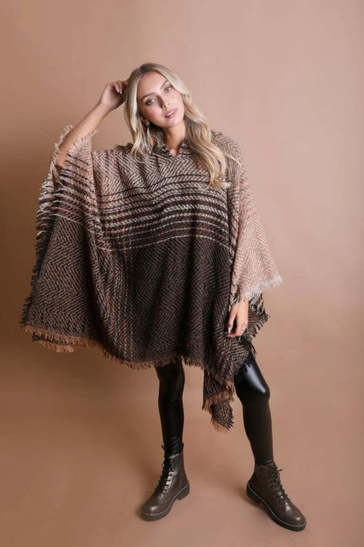 herringbone_tweed_hooded__11.webp Herringbone Tweed Hooded Frayed Edge Poncho *Online Only*