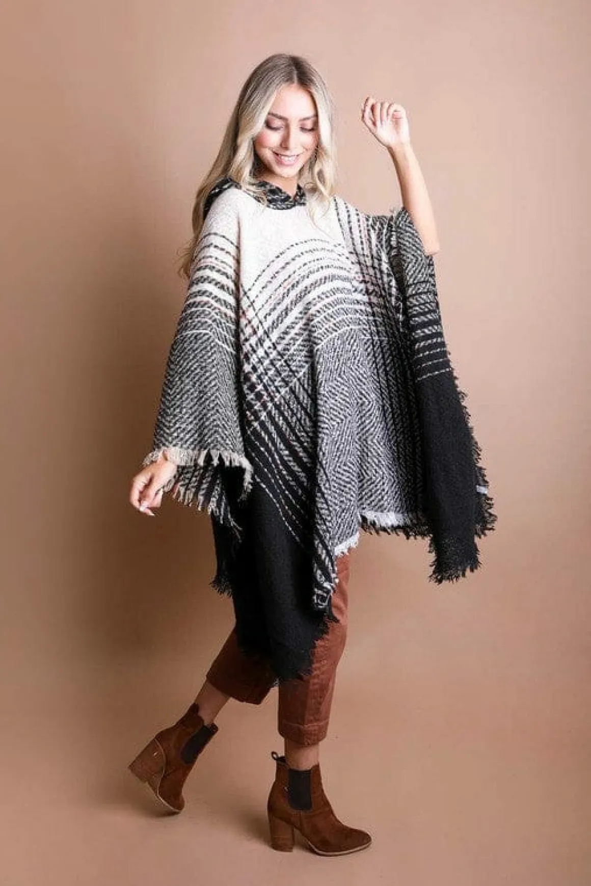herringbone_tweed_hooded__3.webp Herringbone Tweed Hooded Frayed Edge Poncho *Online Only*