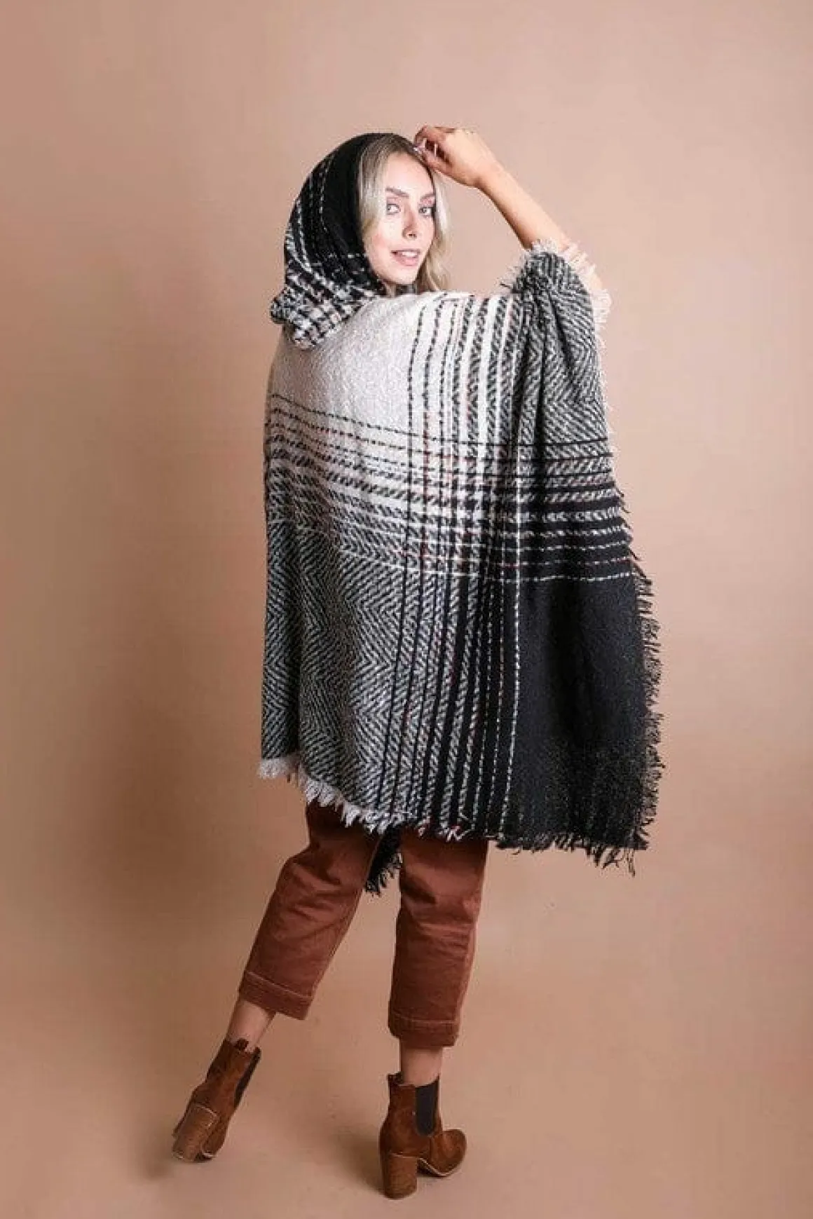 herringbone_tweed_hooded__4.webp Herringbone Tweed Hooded Frayed Edge Poncho *Online Only*