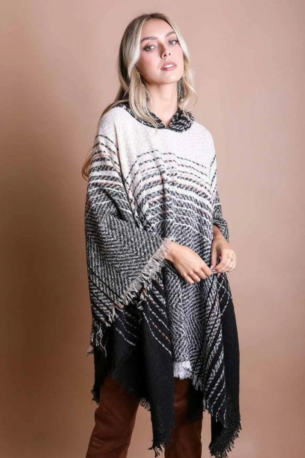 herringbone_tweed_hooded__5.webp Herringbone Tweed Hooded Frayed Edge Poncho *Online Only*