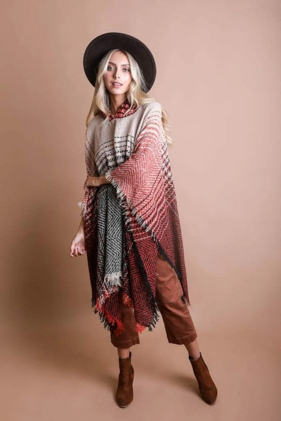 herringbone_tweed_hooded__6.webp Herringbone Tweed Hooded Frayed Edge Poncho *Online Only*