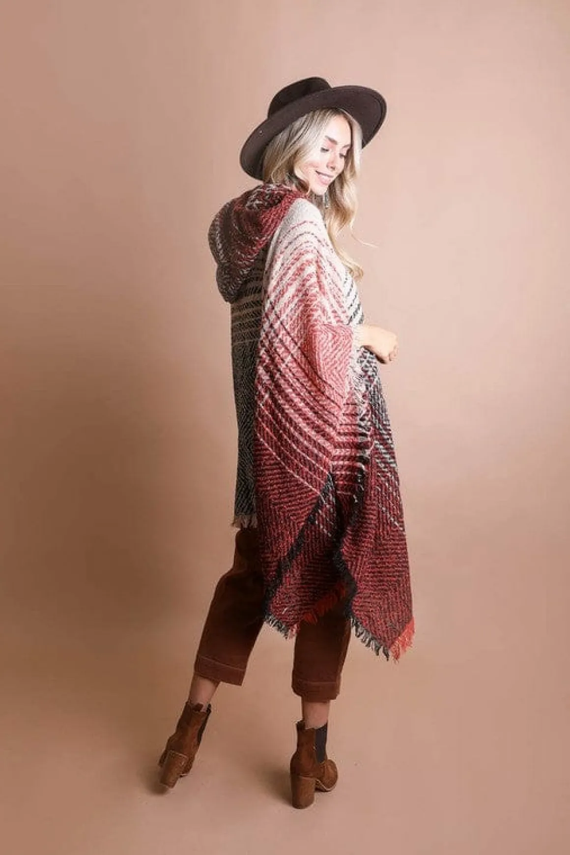 herringbone_tweed_hooded__7.webp Herringbone Tweed Hooded Frayed Edge Poncho *Online Only*