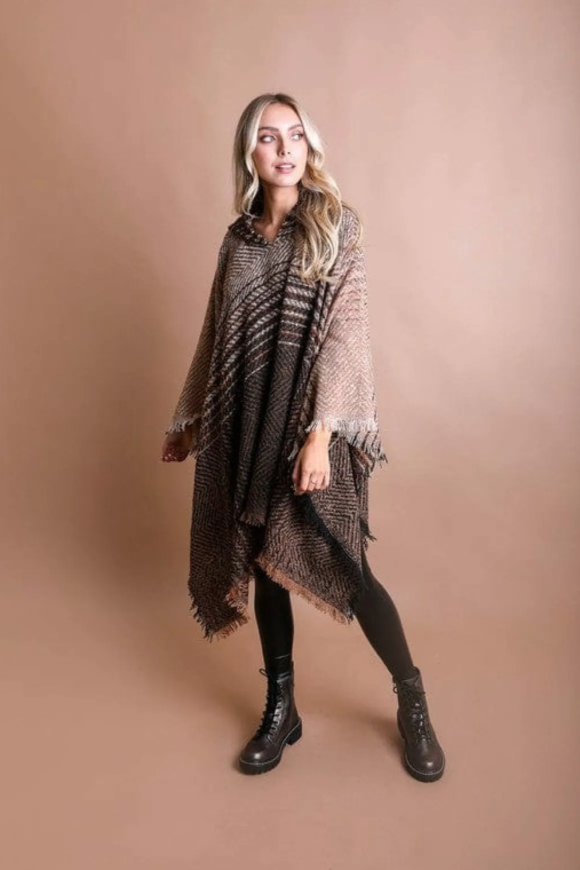 herringbone_tweed_hooded__9.webp Herringbone Tweed Hooded Frayed Edge Poncho *Online Only*