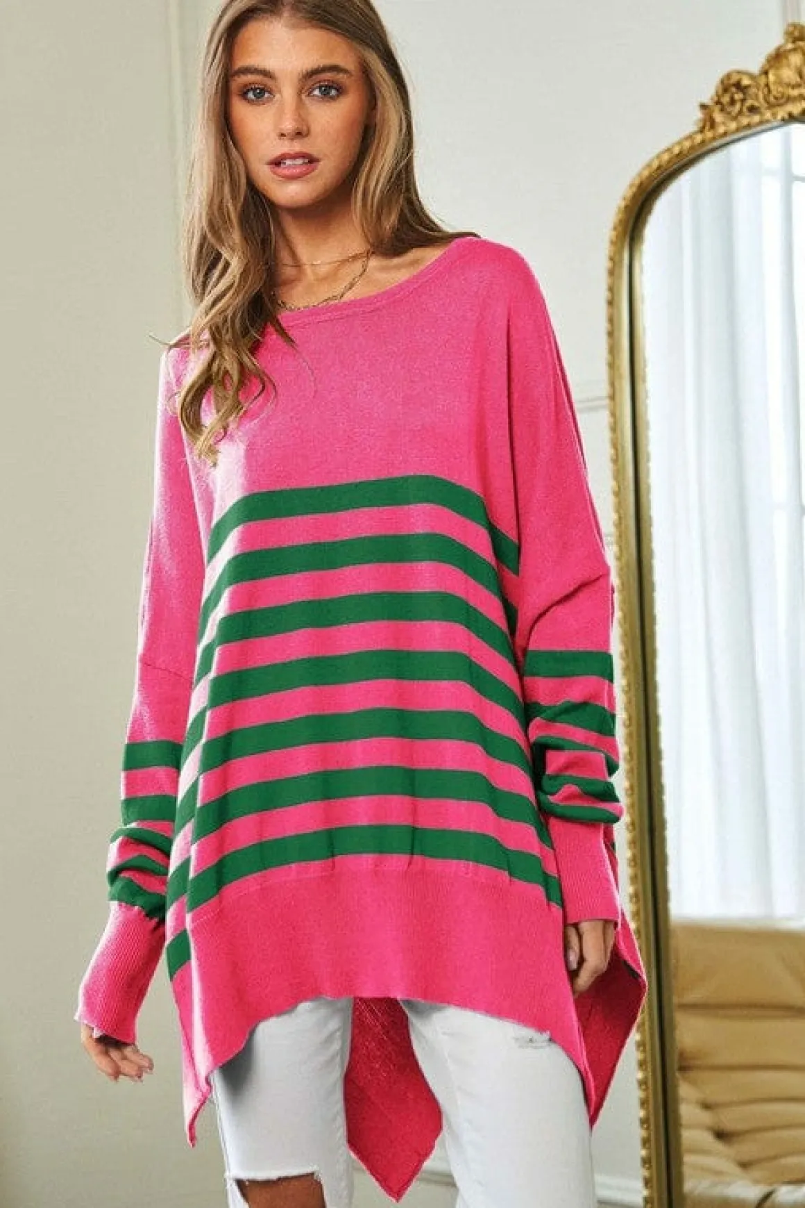 multi_striped_elbow_patch_2.webp Multi Striped Elbow Patch Loose Fit Sweater Top *Online Only*