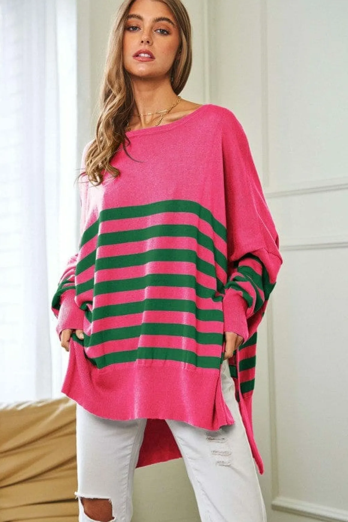 multi_striped_elbow_patch_3.webp Multi Striped Elbow Patch Loose Fit Sweater Top *Online Only*
