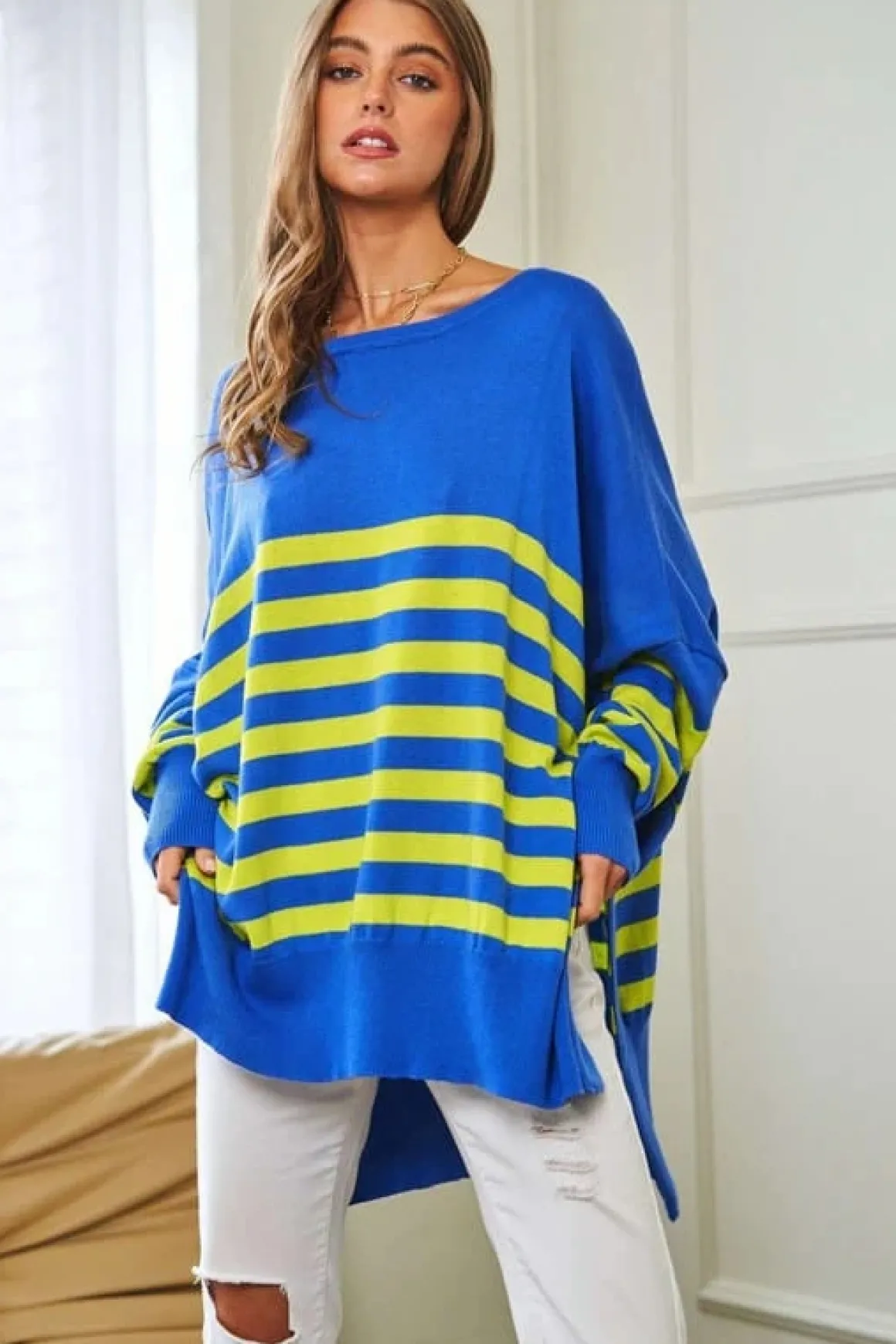 multi_striped_elbow_patch_9.webp Multi Striped Elbow Patch Loose Fit Sweater Top *Online Only*