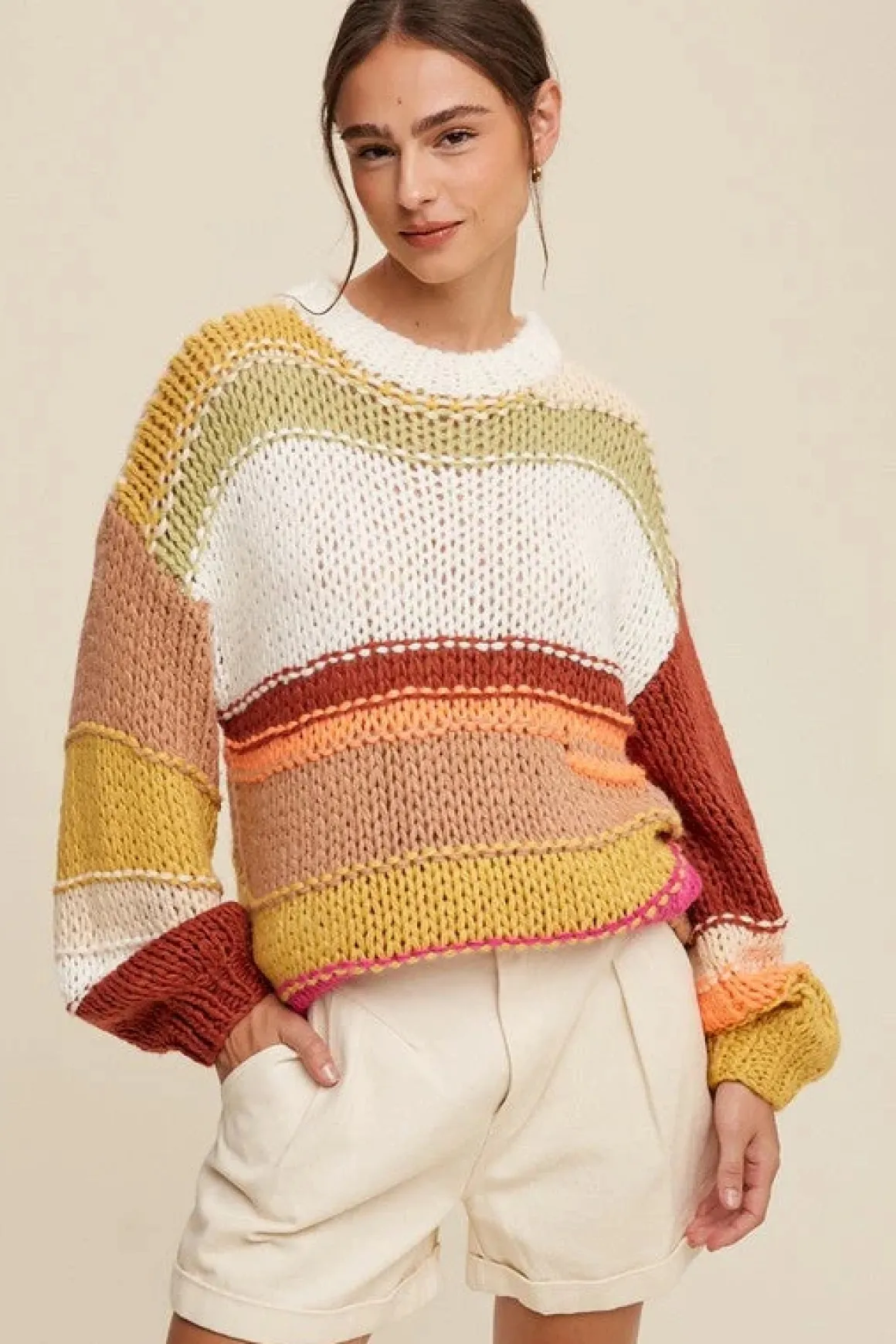 Open Mixed Knit Slouchy Hand Crochet Sweater *Online Only*