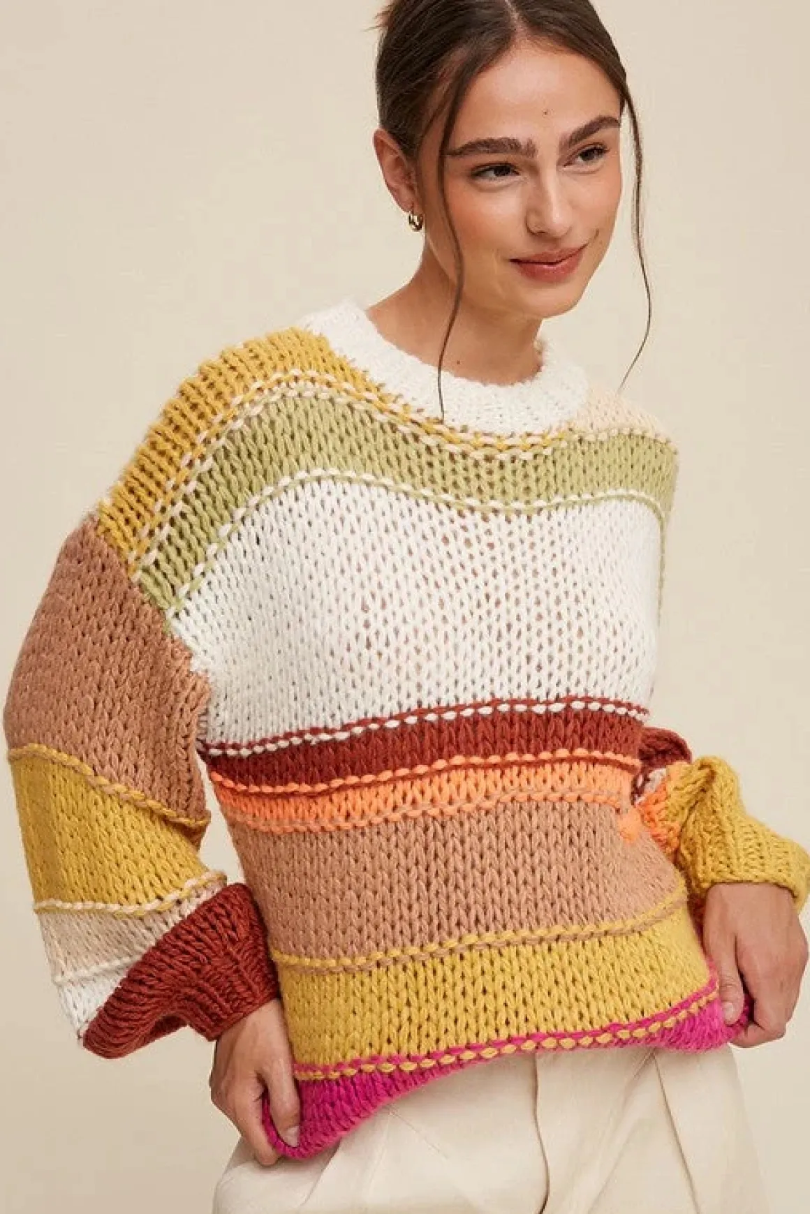Open Mixed Knit Slouchy Hand Crochet Sweater  *Online Only*