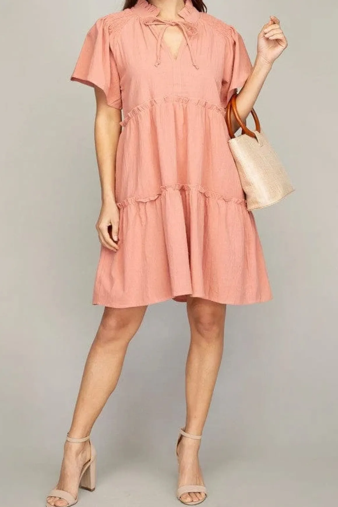 Tiered mini dress with tie  *Online Only*